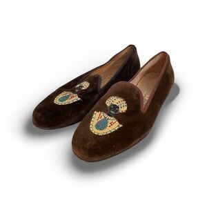 Stubbs & Wootten Chocolate Brown Velvet Women's Embroidered Moccasin Loafers 6.5